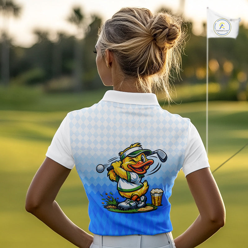 Funny Duck Golf Polo Shirt For Womens, Cute Duck With Beer Print Shirt, Sporty Animal Golf Gift|Blue NBT622