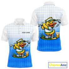 Load image into Gallery viewer, Funny Duck Golf Polo Shirt For Men, Cute Duck With Beer Print Shirt, Sporty Animal Golf Gift|Blue NBT622