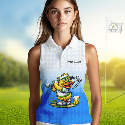 Funny Duck Sleeveless Golf Polo Shirt For Womens, Cute Duck With Beer Print Shirt, Sporty Animal Golf Gift|Blue NBT622