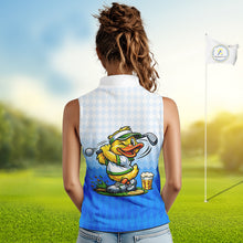 Load image into Gallery viewer, Funny Duck Sleeveless Golf Polo Shirt For Womens, Cute Duck With Beer Print Shirt, Sporty Animal Golf Gift|Blue NBT622