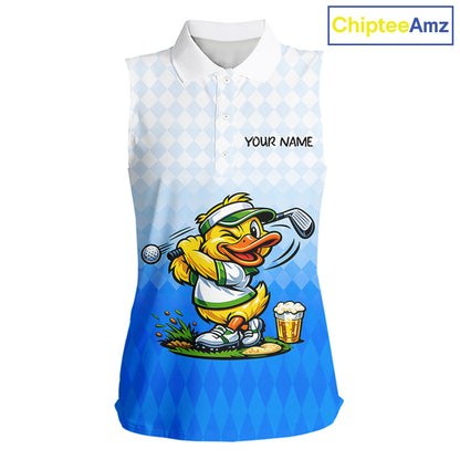 Funny Duck Sleeveless Golf Polo Shirt For Womens, Cute Duck With Beer Print Shirt, Sporty Animal Golf Gift|Blue NBT622