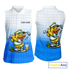 Load image into Gallery viewer, Funny Duck Sleeveless Golf Polo Shirt For Womens, Cute Duck With Beer Print Shirt, Sporty Animal Golf Gift|Blue NBT622
