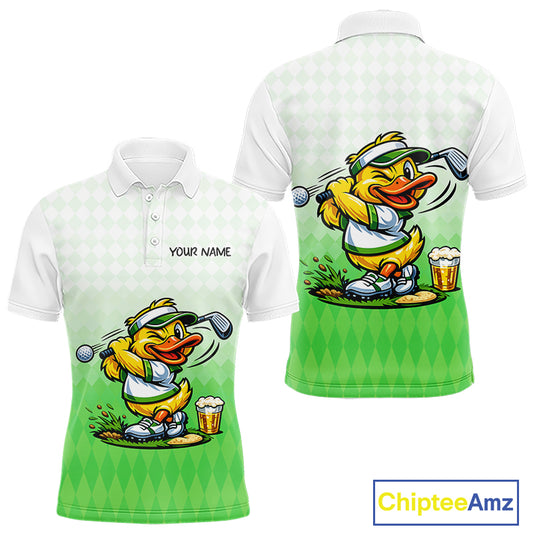 Funny Duck Golf Polo Shirt For Men, Cute Duck With Beer Print Shirt, Sporty Animal Golf Gift|Green NBT623
