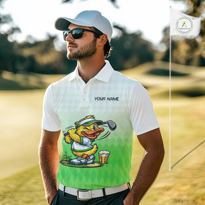 Funny Duck Golf Polo Shirt For Men, Cute Duck With Beer Print Shirt, Sporty Animal Golf Gift|Green NBT623