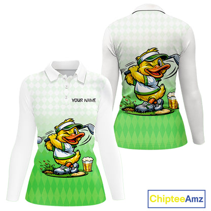 Funny Duck Golf Polo Shirt For Womens, Cute Duck With Beer Print Shirt, Sporty Animal Golf Gift|Green NBT623