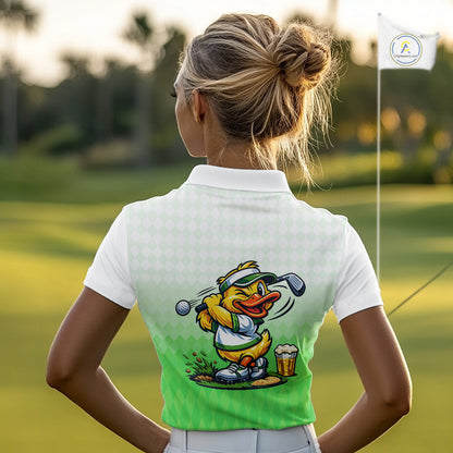 Funny Duck Golf Polo Shirt For Womens, Cute Duck With Beer Print Shirt, Sporty Animal Golf Gift|Green NBT623