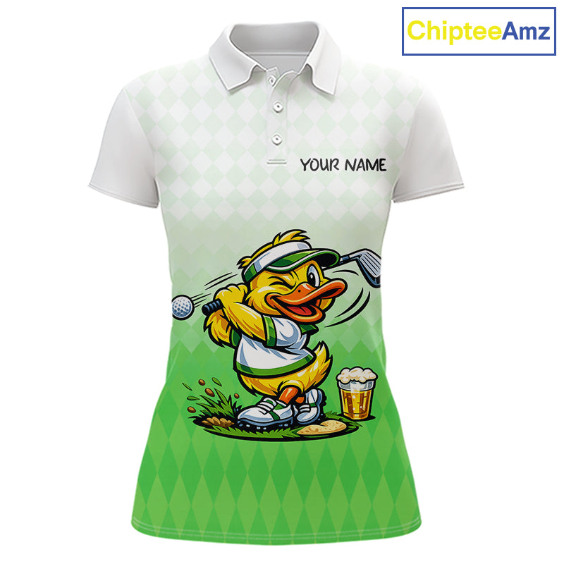 Funny Duck Golf Polo Shirt For Womens, Cute Duck With Beer Print Shirt, Sporty Animal Golf Gift|Green NBT623