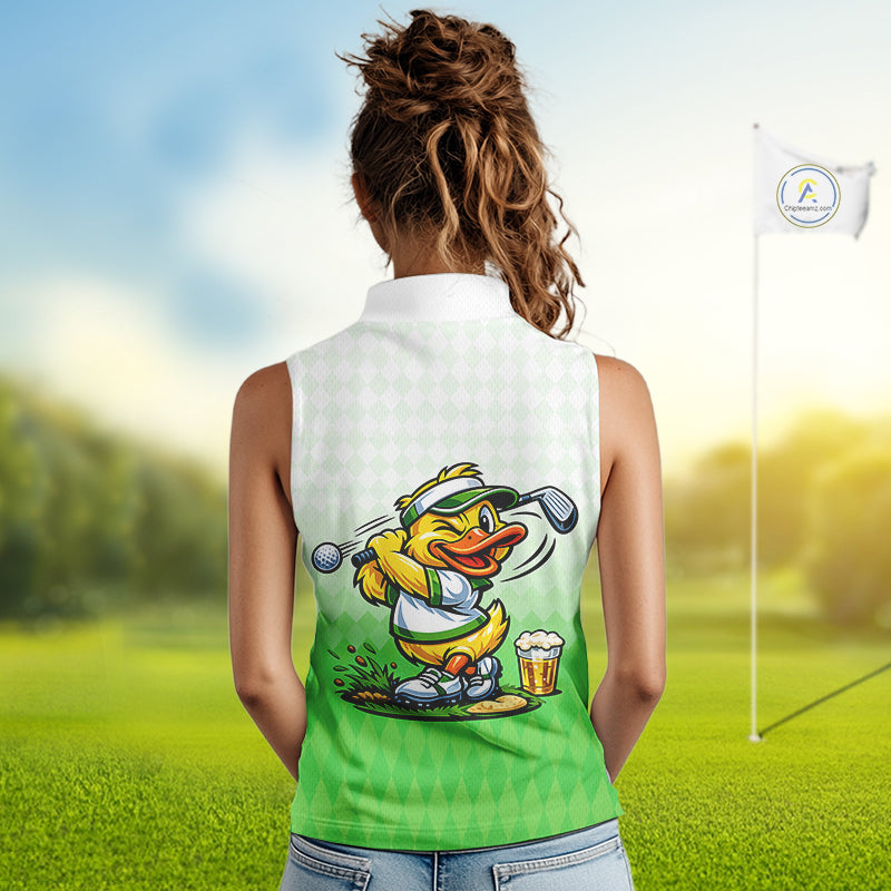Funny Duck Sleeveless Golf Polo Shirt For Womens, Cute Duck With Beer Print Shirt, Sporty Animal Golf Gift|Green NBT623