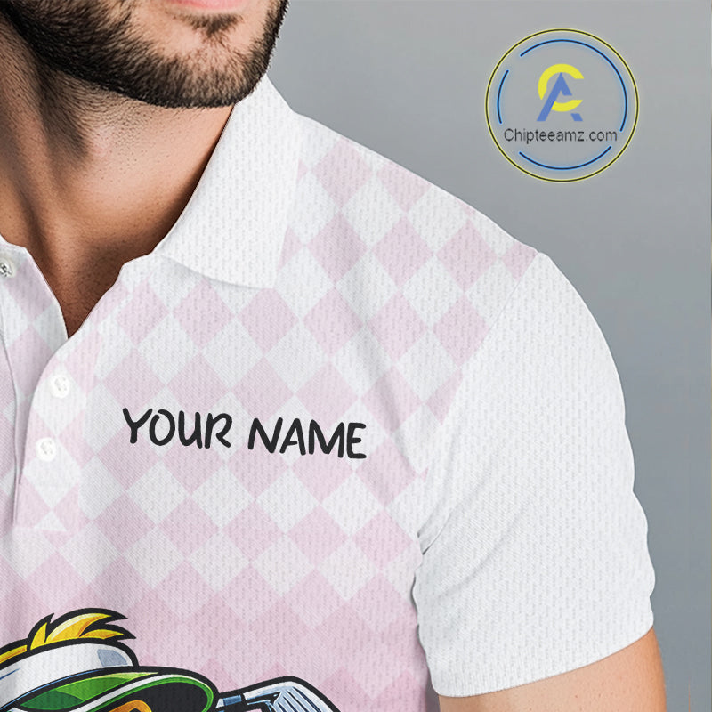 Funny Duck Golf Polo Shirt For Men, Cute Duck With Beer Print Shirt, Sporty Animal Golf Gift|Pink NBT624