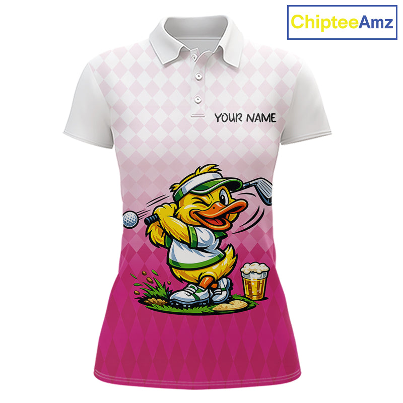Funny Duck Golf Polo Shirt For Womens, Cute Duck With Beer Print Shirt, Sporty Animal Golf Gift|Pink NBT624
