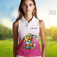 Load image into Gallery viewer, Funny Duck Sleeveless Golf Polo Shirt For Womens, Cute Duck With Beer Print Shirt, Sporty Animal Golf Gift|Pink NBT624