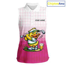 Load image into Gallery viewer, Funny Duck Sleeveless Golf Polo Shirt For Womens, Cute Duck With Beer Print Shirt, Sporty Animal Golf Gift|Pink NBT624