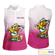 Load image into Gallery viewer, Funny Duck Sleeveless Golf Polo Shirt For Womens, Cute Duck With Beer Print Shirt, Sporty Animal Golf Gift|Pink NBT624