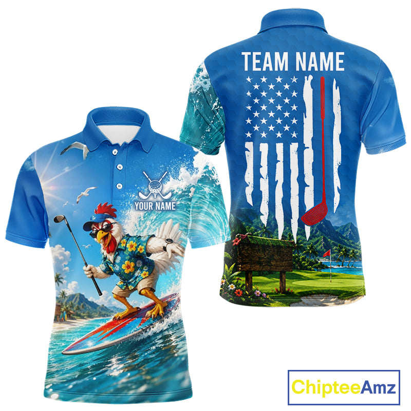 Funny rooster American flag mens golf polo shirt - back view