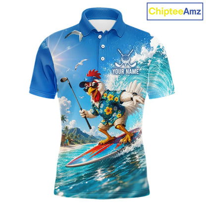 Funny rooster American flag mens golf polo shirt - front view