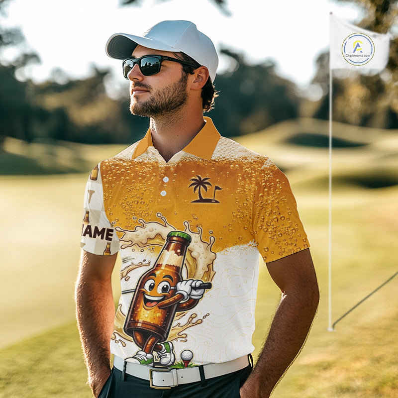 Men golfer wearing custom funny beer golf shirt in the golf course