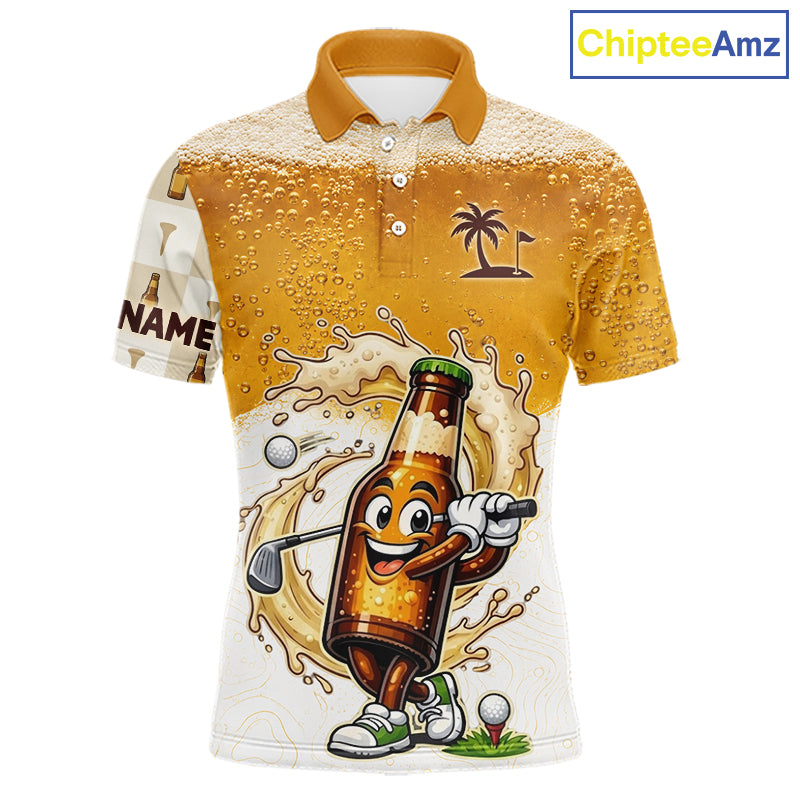 Custom beer golf polo shirt with funny beer bottle golfer design - front view