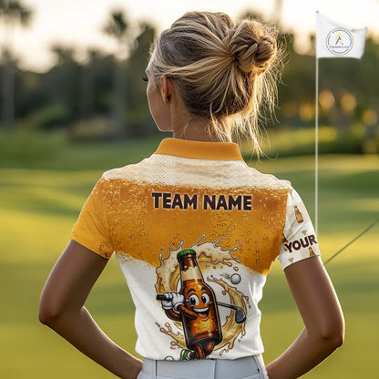 woman golfer wearing custom beer golf polo shirt with team name for beer lovers