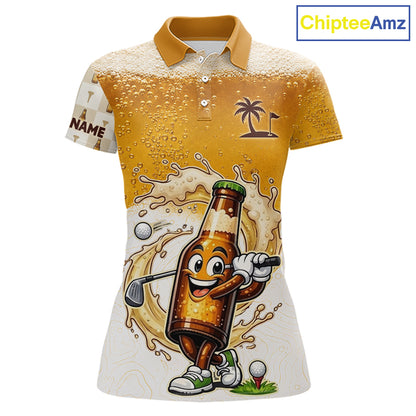 front view of womens custom beer golf polo shirt with funny beer bottle golfer print