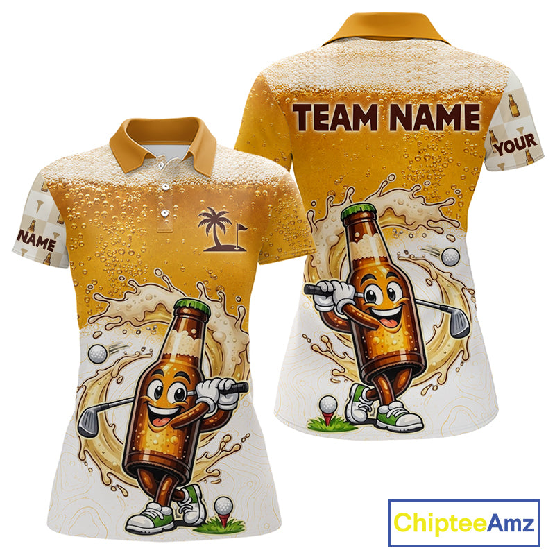 back view of beer bottle golfer design on womens beer golf polo shirt
