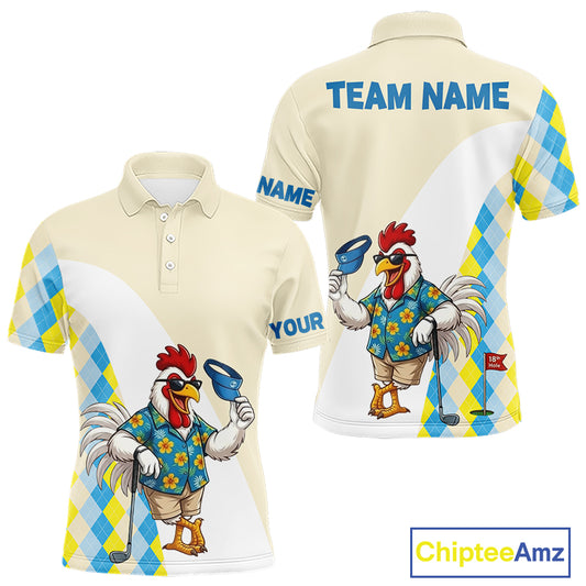 Funny rooster Hawaiian mens golf polo shirt with argyle pattern - back view