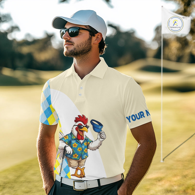 Rooster Hawaiian and argyle pattern detail on mens golf polo shirt