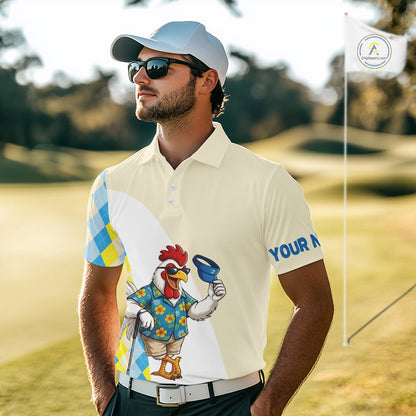 Rooster Hawaiian and argyle pattern detail on mens golf polo shirt