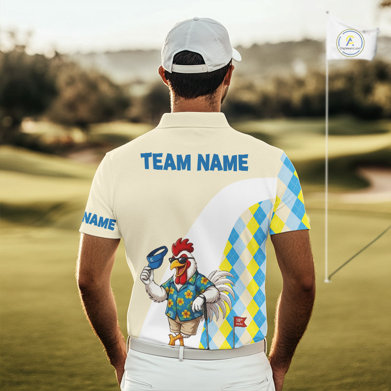 Back view - Funny rooster Hawaiian mens argyle golf shirt 