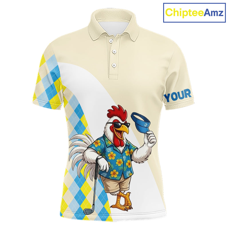 Funny rooster Hawaiian mens golf polo shirt with argyle pattern - front view