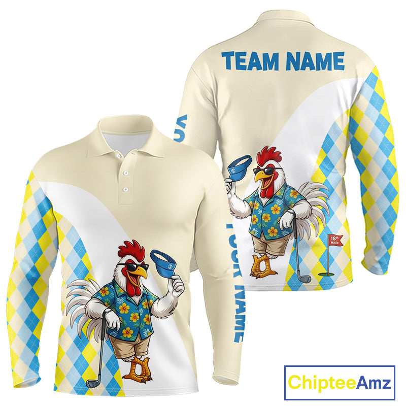Long-sleeve shirt with funny cartoon rooster design and Team Name text on a checkered background