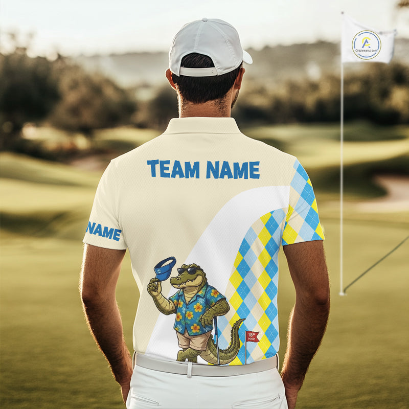 Alligator Hawaiian and argyle pattern detail on mens golf polo shirt