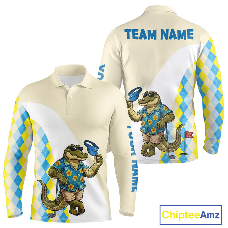 Funny alligator Hawaiian mens long sleeve golf polo shirt with argyle pattern - back view