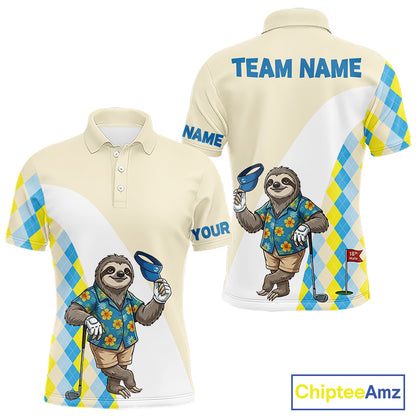 Funny sloth Hawaiian mens short sleeve golf polo shirt with argyle pattern - back view