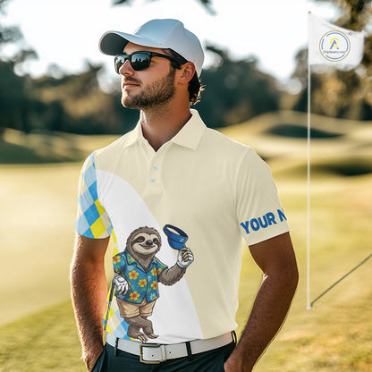 Men golfer wearing funny rooster American flag custom golf shirt on the golf course