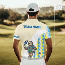Load image into Gallery viewer, Sloth Hawaiian and argyle pattern detail on mens golf polo shirt