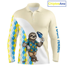 Load image into Gallery viewer, Funny sloth Hawaiian mens long sleeve golf polo shirt with argyle pattern - front view