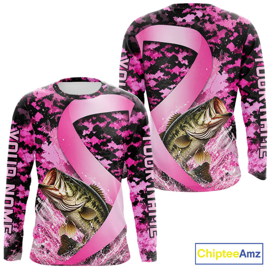 Front and back view of pink ribbon camouflage bass fishing breast cancer long sleeve sun protection fishing shirt