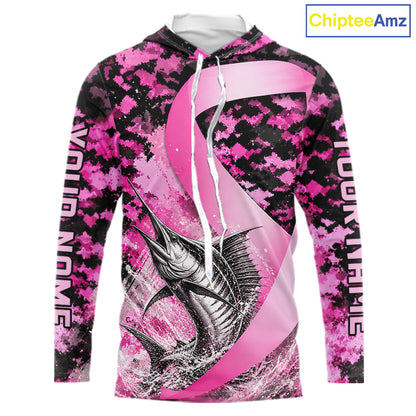 Front view of pink ribbon camouflage marlin fishing breast cancer custom sun protection long sleeve fishing shirt