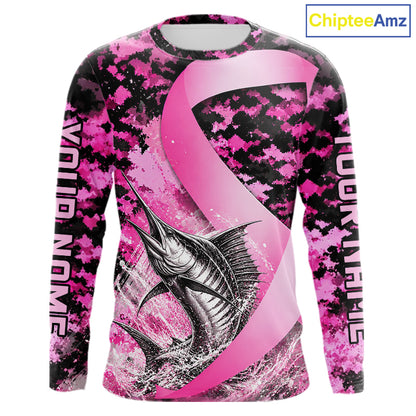 Front view of pink ribbon camouflage marlin fishing breast cancer custom sun protection long sleeve fishing shirt