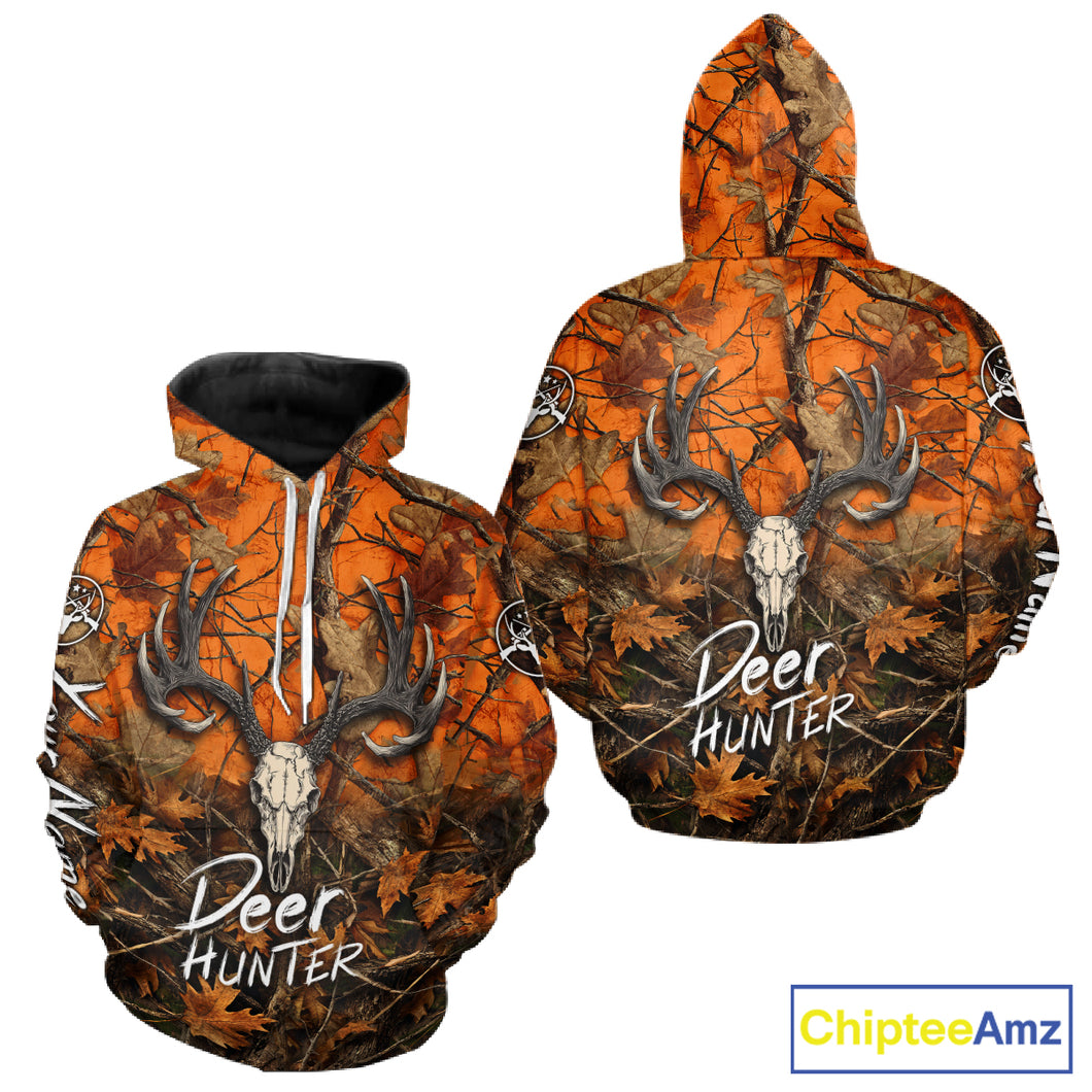 Deer Hunting Orange Camo Deer Skull Full Printing Custom Name Shirts, Custom Deer Hunting Shirt NBT144