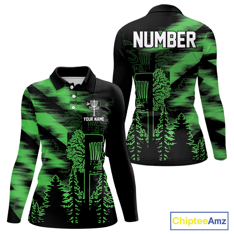 Womens Disc Golf Polo Shirt Custom Name Green Disc Golf Basket, Personalized Disc Golf Shirts NBT647