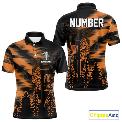 Mens Disc Golf Polo Shirt Custom Name Orange Disc Golf Basket, Personalized Disc Golf Shirts NBT648