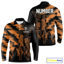 Load image into Gallery viewer, Mens Disc Golf Polo Shirt Custom Name Orange Disc Golf Basket, Personalized Disc Golf Shirts NBT648
