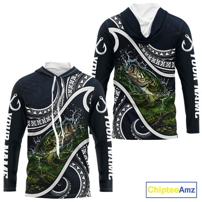 Front and back view of blue tribal pattern custom largemouth bass long sleeve hooded fishing shirt for team anglers