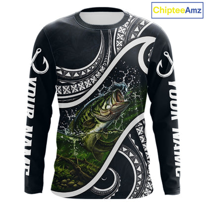 Front view of blue tribal pattern custom largemouth bass long sleeve fishing shirt
