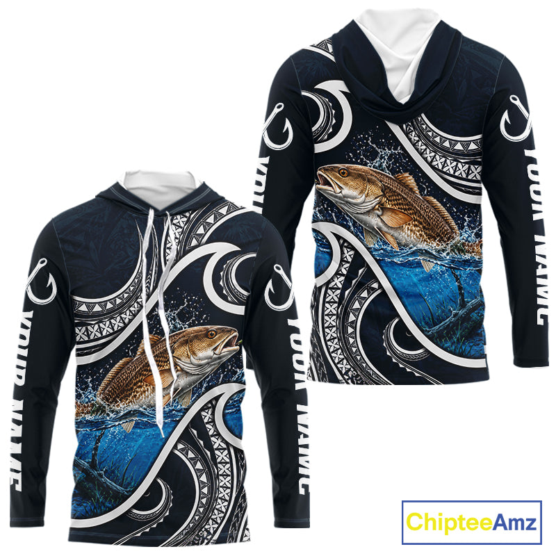 Front and back view of blue tribal pattern custom redfish long sleeve hooded fishing shirt for team anglers