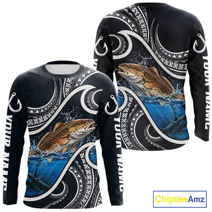 Front and back view of blue tribal pattern custom redfish long sleeve fishing shirt for team anglers