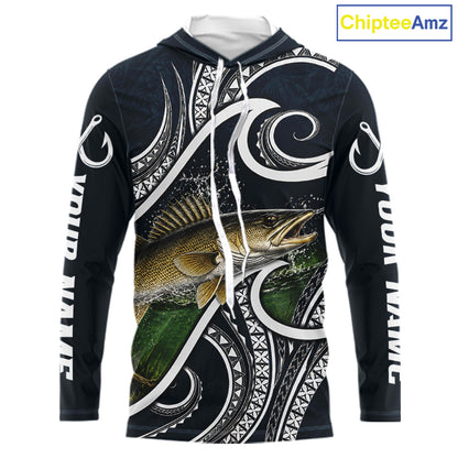 Front view of blue tribal pattern custom walleye long sleeve hooded fishing shirt