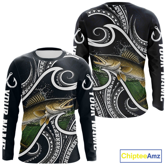 Front and back view of blue tribal pattern custom walleye long sleeve fishing shirt for team anglers