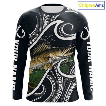 Front view of blue tribal pattern custom walleye long sleeve fishing shirt